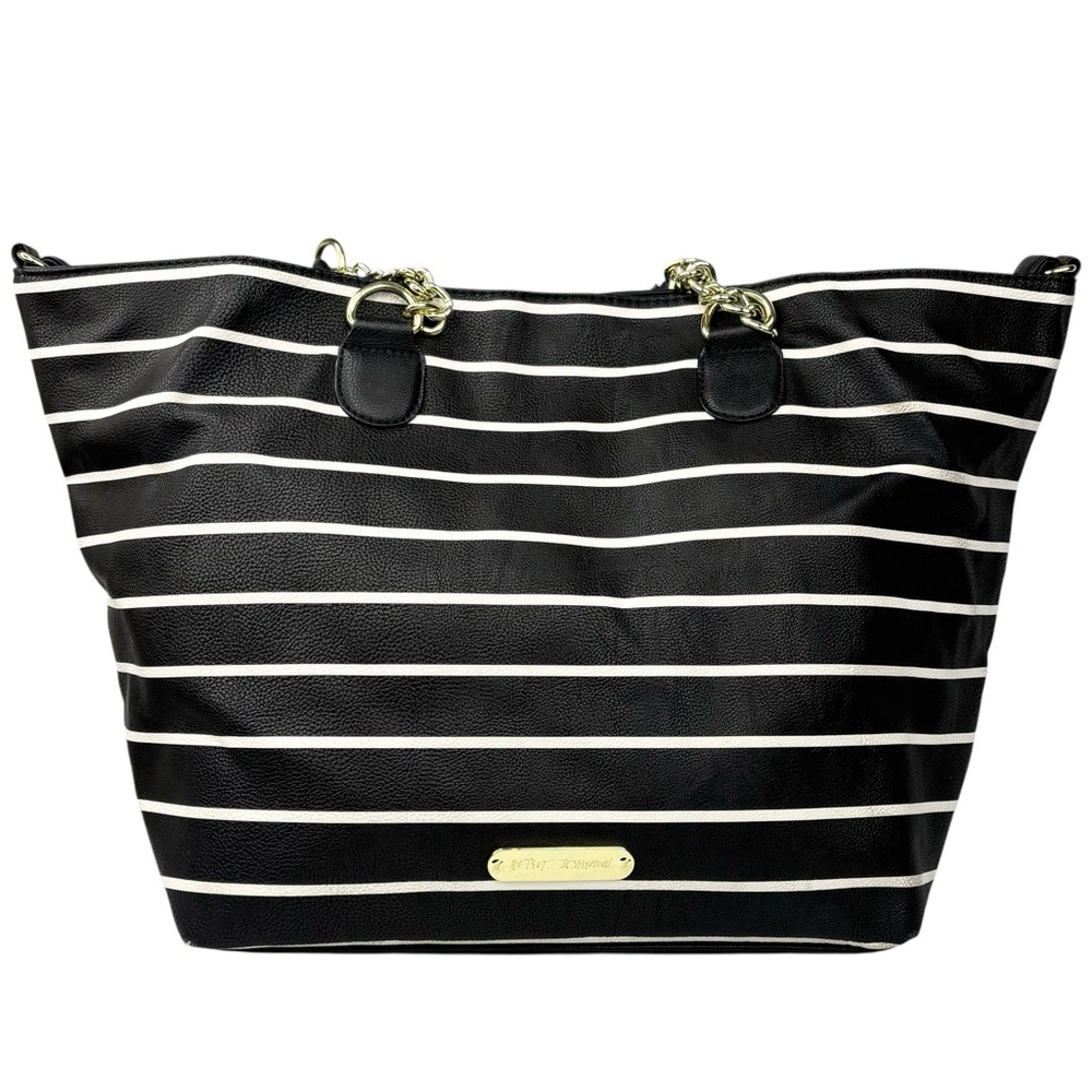 Betsey Johnson Black & White Stripe Red Sequin Glitter Bow Snap Close Tote Purse - Picture 4 of 13